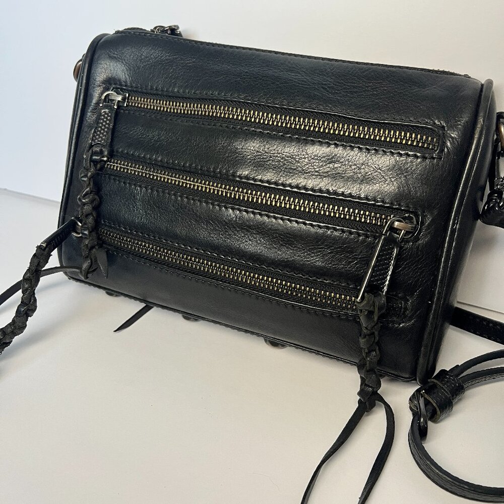 Rebecca Minkoff Black Leather Crossbody Bag with Gold Zippers & Braided Pulls
